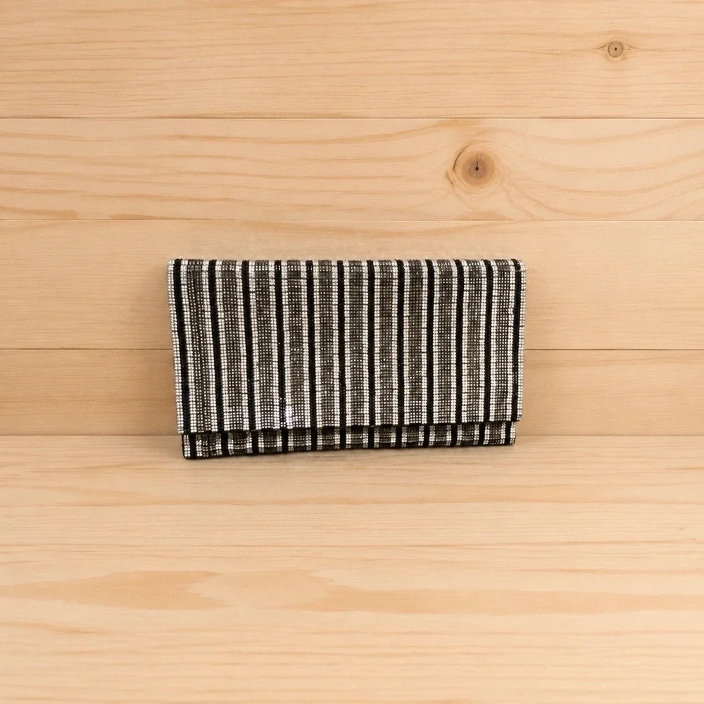 Sondra Roberts Silver Black Rhinestone Stripe Clutch Chain Evening Bag[C]